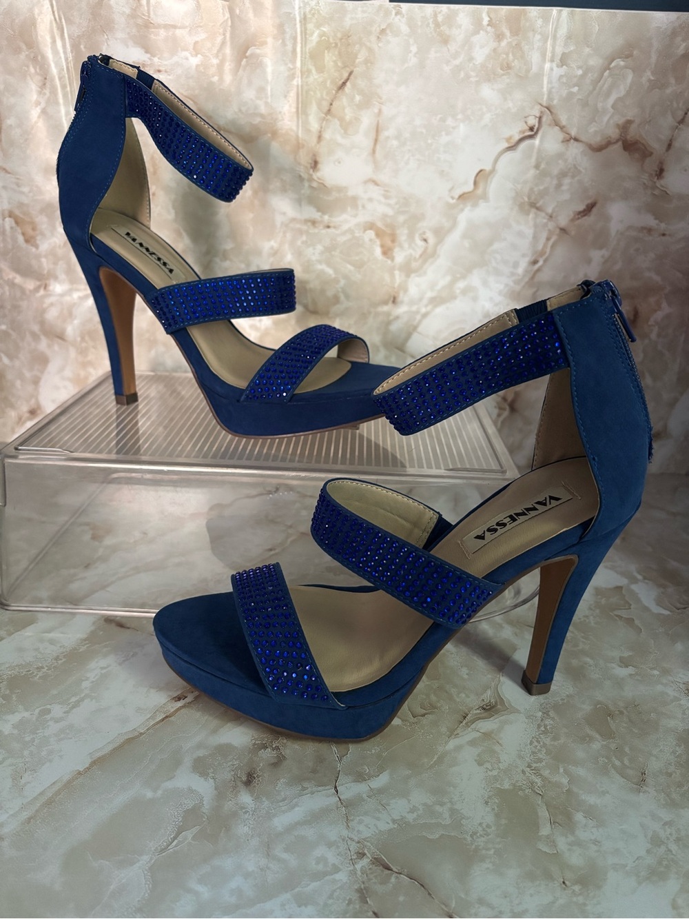 VANESSA Royal Blue Suede Stiletto Heels with Rhinestone Straps